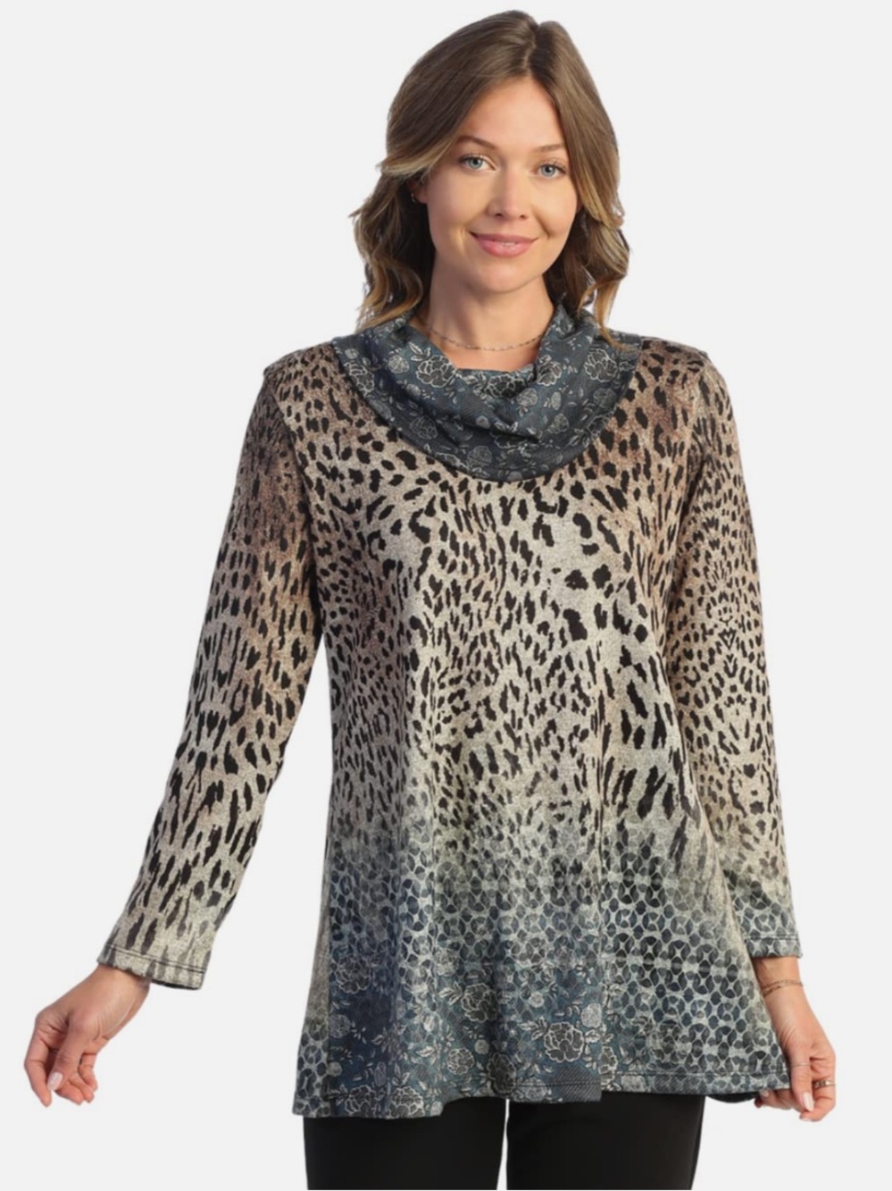 Jess & Jane Abstract Print Brushed Knit Tunic Top Size Medium Cowl Neck Cleo